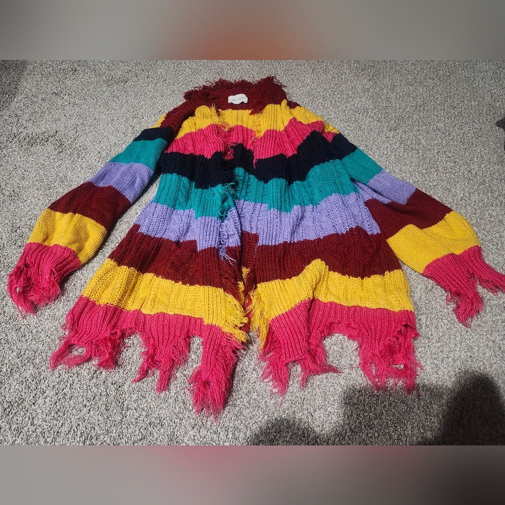 The Cove Striped Multicolor Fringe Knit Cardigan Sweater - No Size See Photos